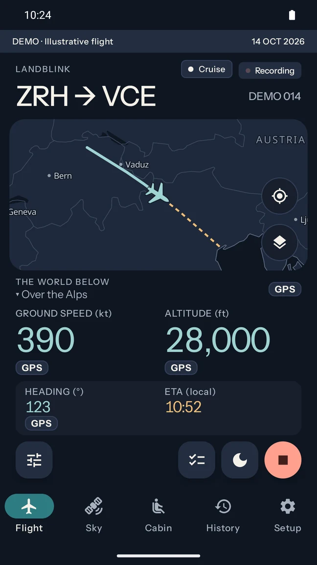Actual Landblink flight screen showing a fictional Zurich to Venice journey