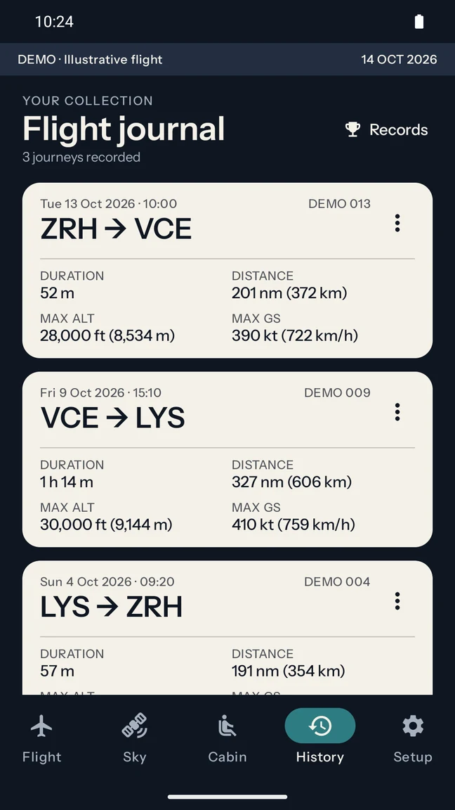 Actual Landblink flight journal with only invented sample journeys